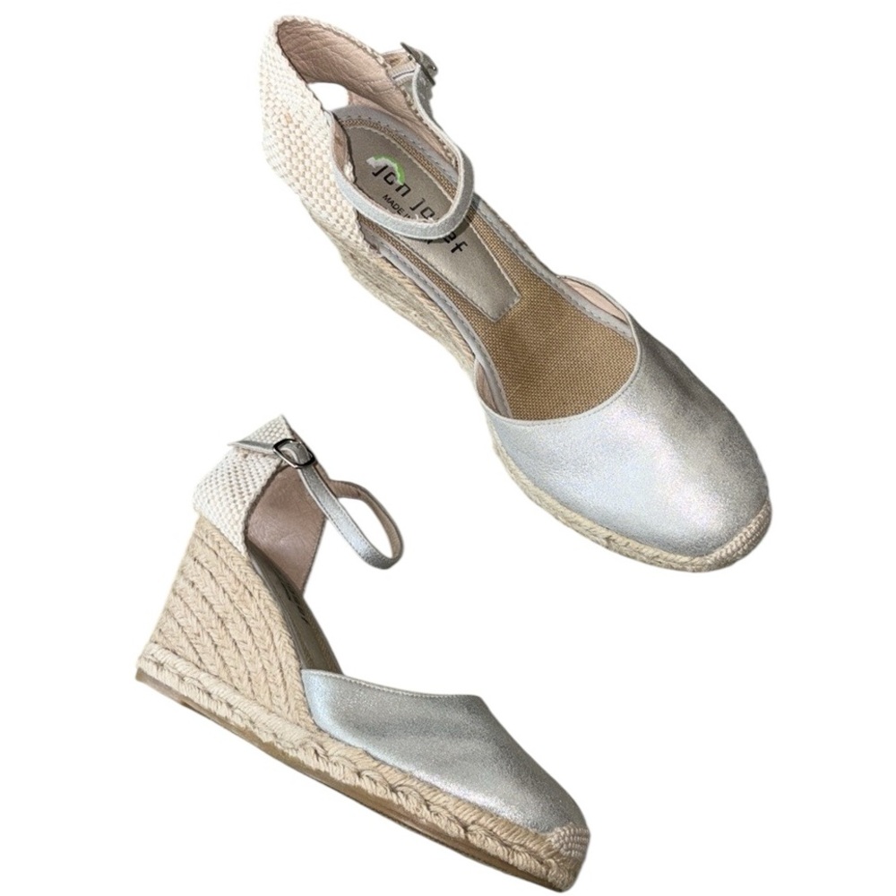 NEW Jon Josef Metallic Silver Ankle Strap Wedge Heel Espadrilles Sandals - 9